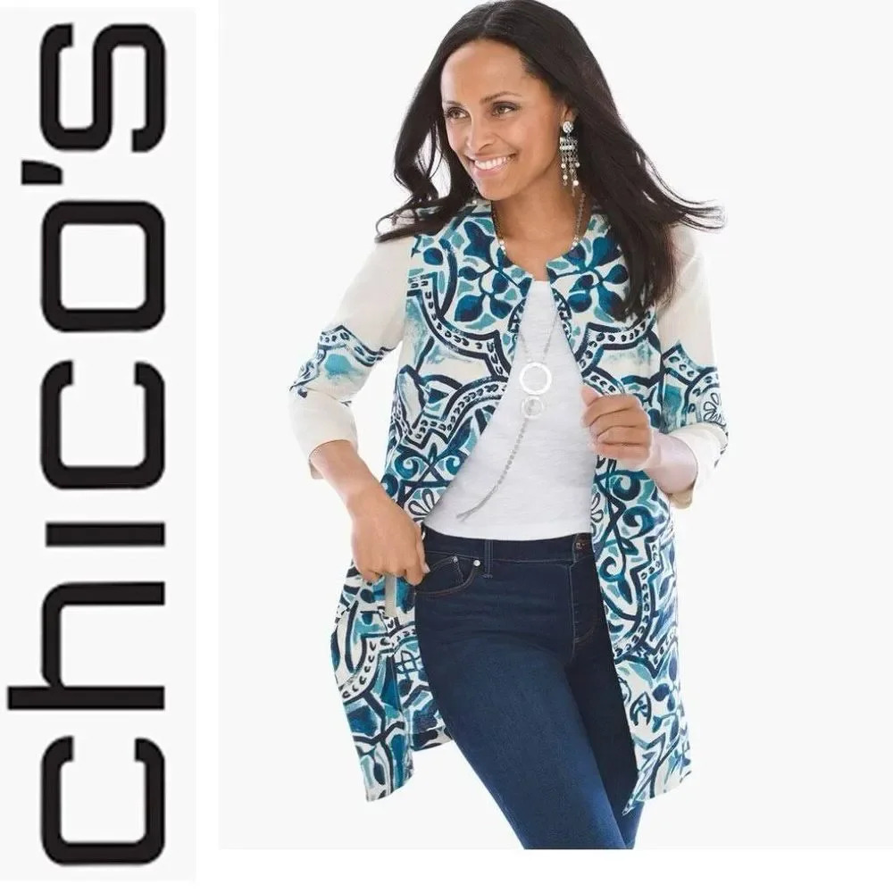 Chico's Artisan Printed 100% Linen Jacket Open Front Size‎ 0 Small